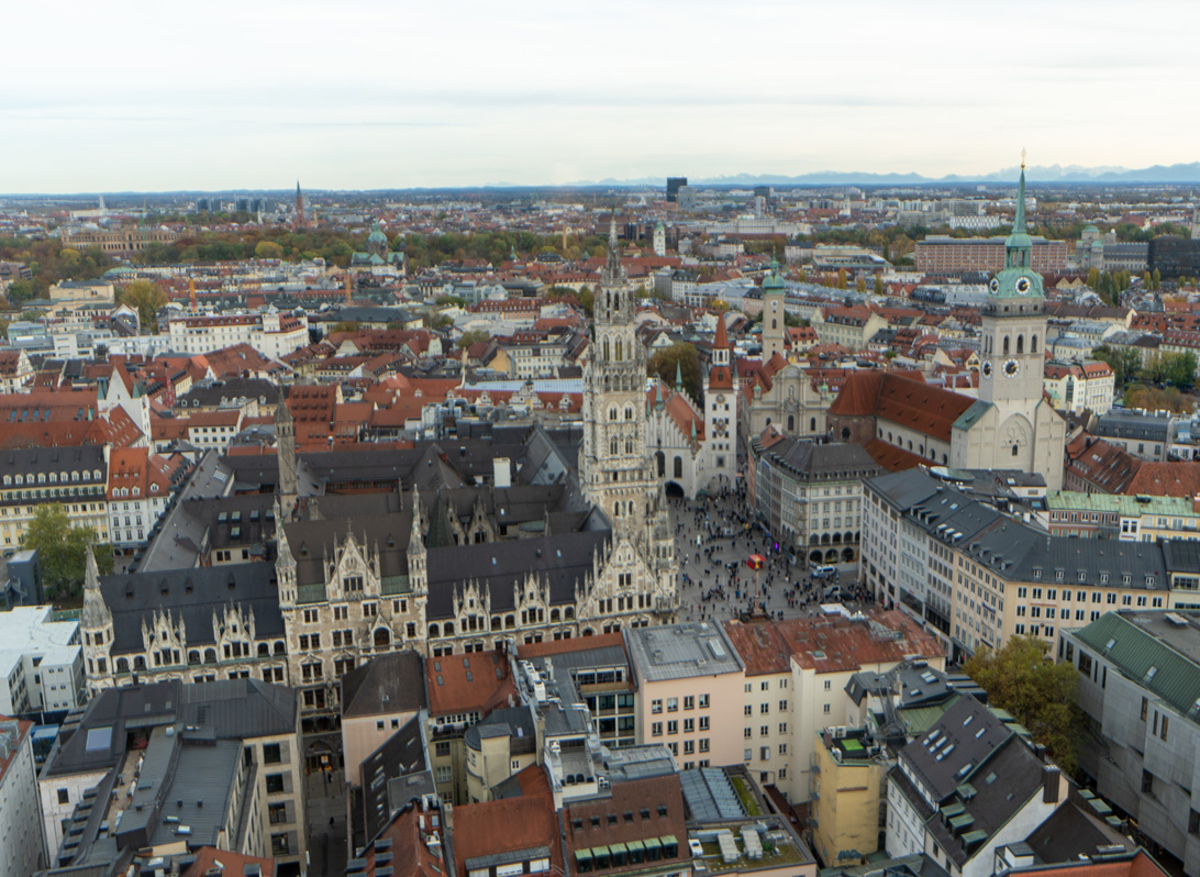 Munich, View from Frauenkirche Tower to Marienplatz Neues Rathaus on left, St Peter