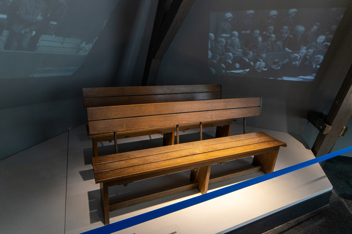 Nuremberg Trials Museum, Two of the defendent benches The front bench was used by Goring, Hess, von Ribbentrop, Keitel.