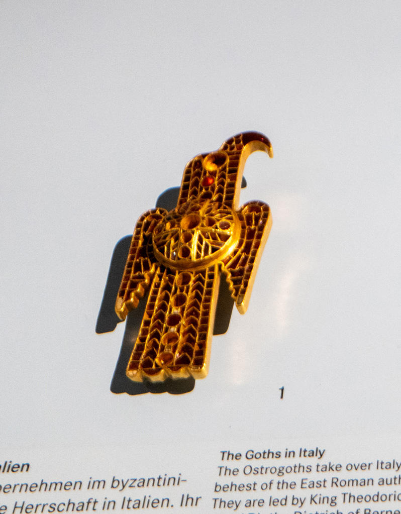 Nuremberg: German National Museum, Ostrogothic Jewelry, San Marino ~500 AD Brooch in the shape of a Roman Eagle with a Christian Cross