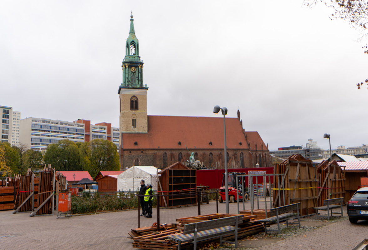 Around Berlin, St. Marienkirche, with start of Xmas Market Blocking access to Neptune Statue!  It