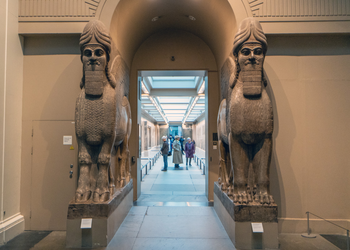 British Museum: Six Lamassu, Lamassu Pair #1.   Lion & Bull.  Nimrud, ~860 BC Their brothers are in the Metropolitan Museum