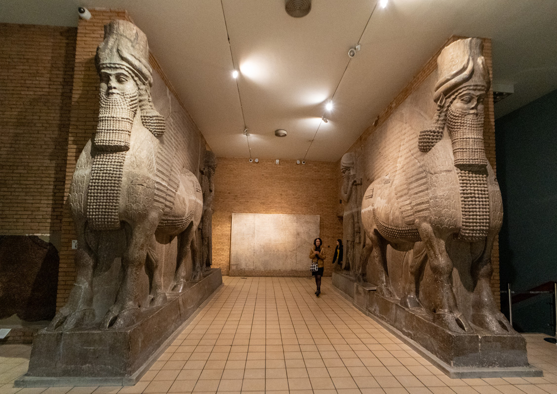 British Museum: Six Lamassu, Lamassu Pair #3.  Winged bulls.  Khorsabad, ~705 BC