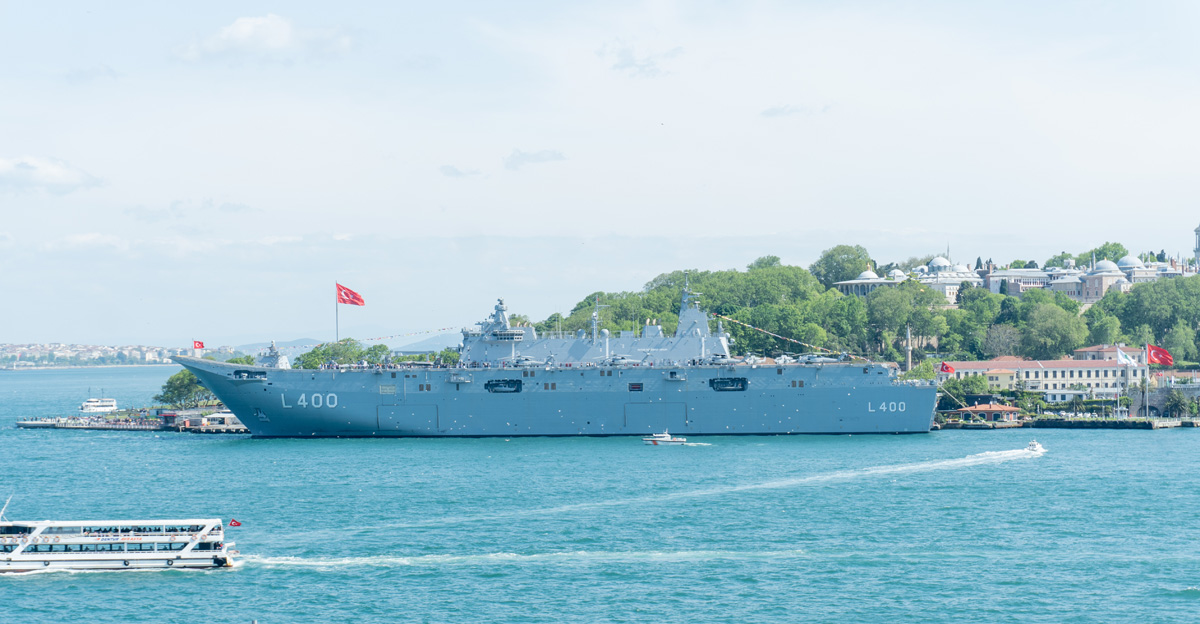 Views from Karakoy, TCG Anadolu, against the Topkapi Palace