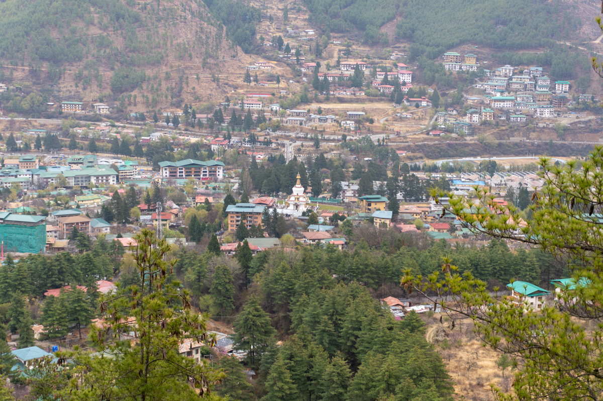Thimphu, View over Thimphu and Memorial Chorten