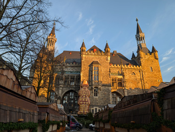 Historic Rathaus (back view) Square tower on right is from Char, Aachen Historic Rathaus, Cologne++, December 2024