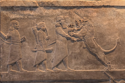H.M. Ashurbanipal bravely slays a wounded lion Note the writing, British Museum: Assyrian Section, Cologne++, December 2024