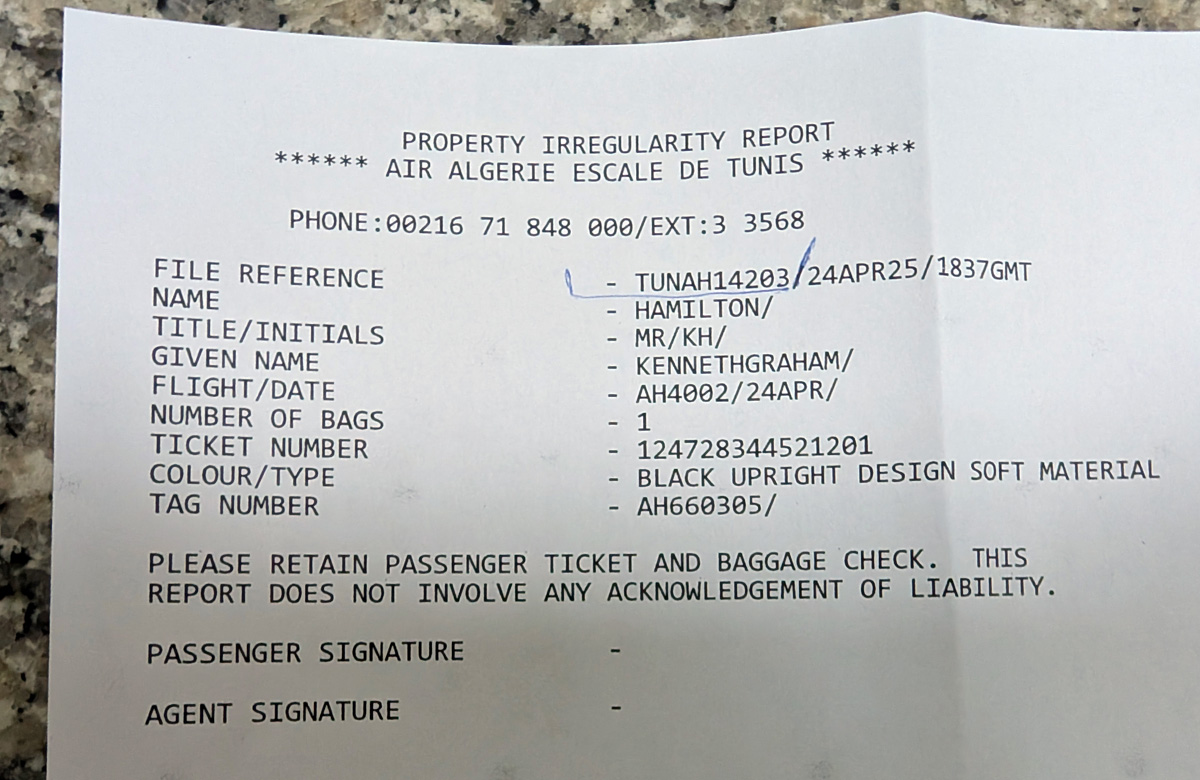 Tunis, Lost bag receipt, for my Air Algerie flight