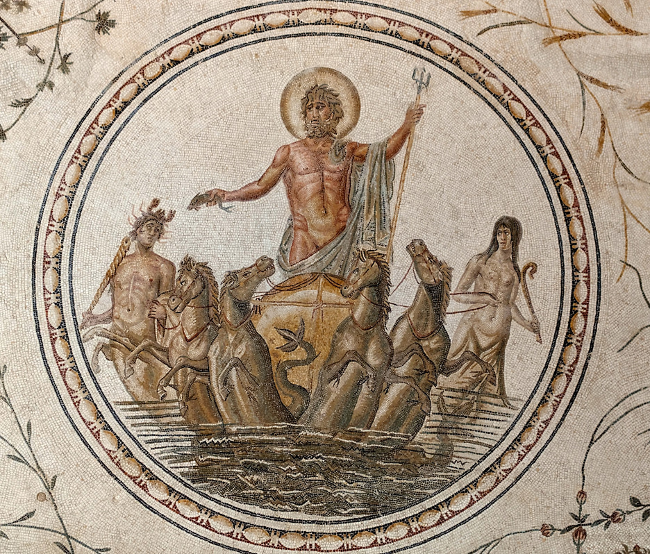 Bardo Museum Mosaics, Poseidon with Sea Horses