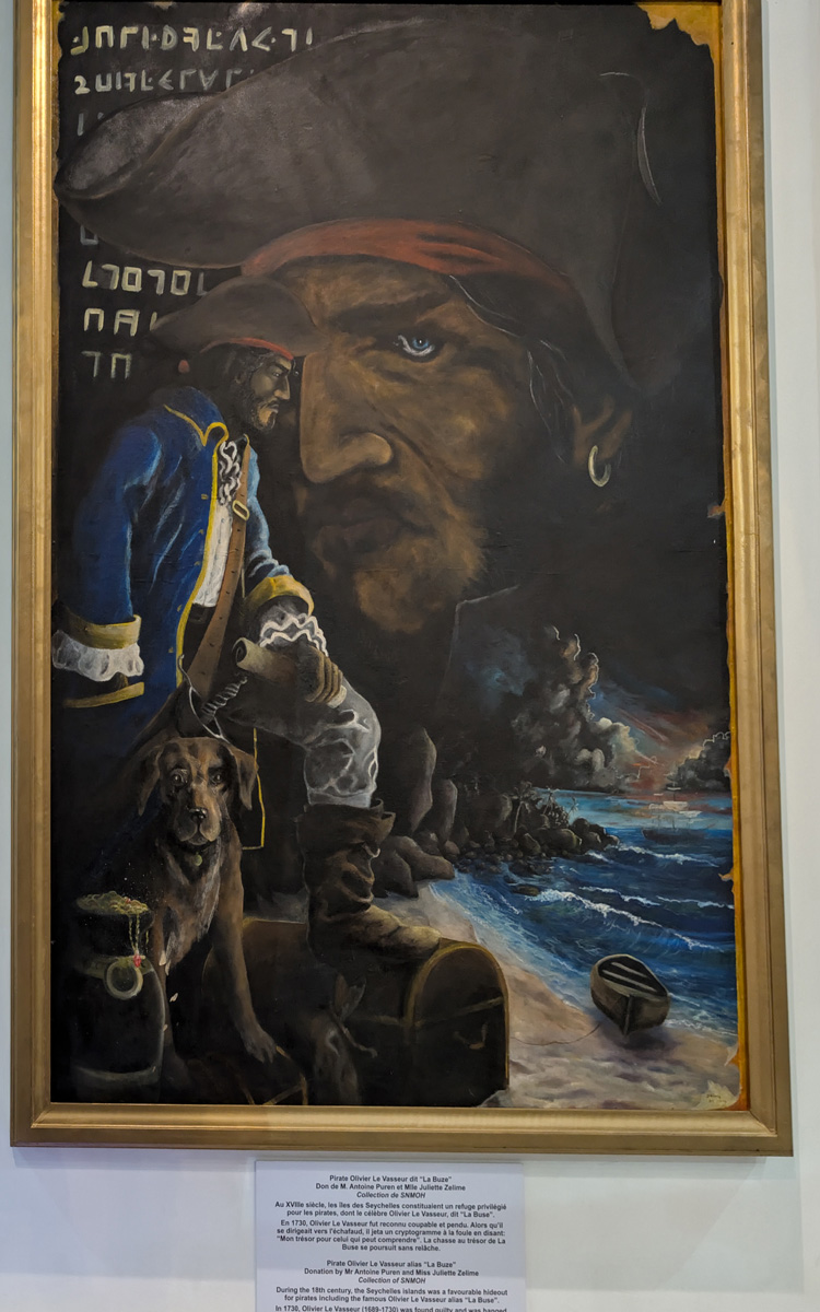 Seychelles: Victoria, Modern "portrait" of famous pirate Olivier le Vasseur, hanged 1730