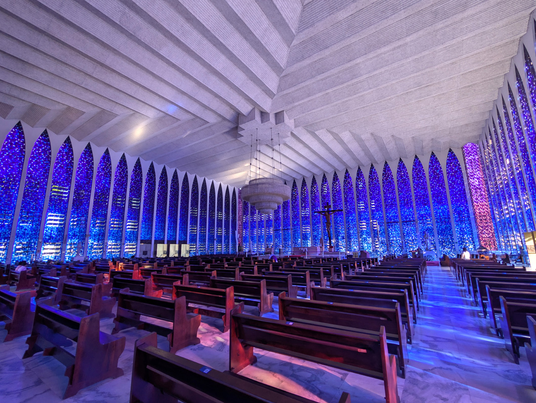 Brasilia, Shrine interior, lit by blue stained glass