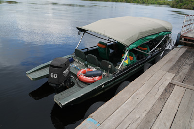 Our trusty craft, Rio Negro: Pink River Dolphins, 2026 Brazil